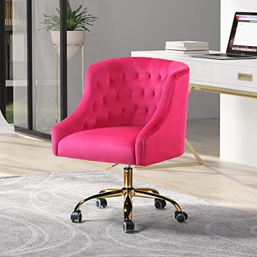 Velvet Home Office Chair with Gold Base, Comfortable Modern Cute Desk Chair, Adjustable Swivel Task Chair for Living Room Bedroom Vanity Study, Fushia
