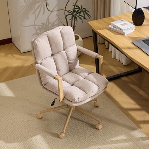 VINGLI Comfy Linen Office Desk Chair with Wheels & Detachable Cushions & Wood-Like Armrests,Swivel Small Computer Task Chair,Adjustable for Girl Makeup Vanity,Teen/Kids Study,Nail Tech,Sewing,Khaki