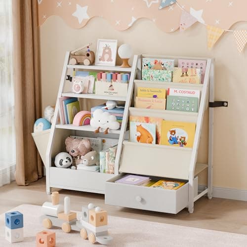 HAVLOTII Kids Bookshelf and Toy Storage - Book Shelf for Kids Rooms, Toddler Bookshelf Baby Bookcase for Nursery, Montessori Toy Organizer, White