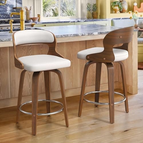 Cozyman Barstools, Counter Height Bar Stools, 26" Faux Leather Swivel Counter Stools, Mid Century Bar Stool Set of 2, Swivel Bar Stools with Backs for Kitchen,Restaurant, White