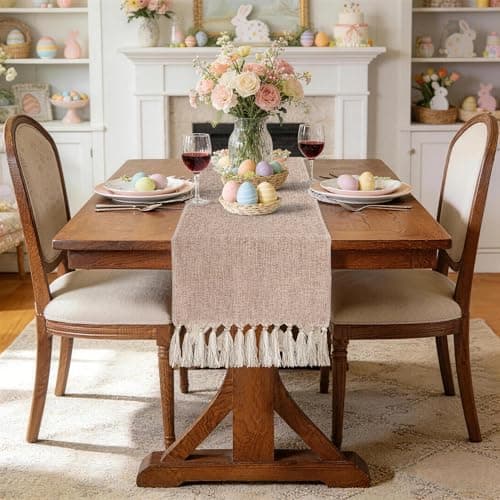 yuboo Boho Table Runner 48 Inches - Neutral Coffee Table Runner for Living Room, Spring Easter Decor, Small Round Dining Table, Dresser Scarves (55" with Tassels)