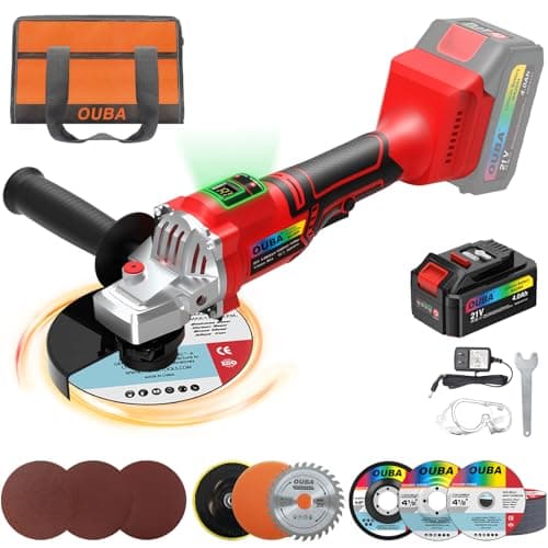 OUBA Cordless Angle Grinder Tool Set, 21V Power Angle Grinder with 4.0Ah Battery, Metal Grinder with LED Display, 6 Variable Speed, 4-1/2" Cutting Wheel, Flap Disc for Cutting, Polishing, Red