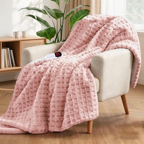 PTQ Waffle Heated Throw Blanket 50"x60" – Pink Blush Electric Blanket with 6 Heat Levels & 4 Timer Settings, Ultra-Soft Faux Fur & Sherpa, ETL Certified, Machine Washable, Ideal Gift for Women