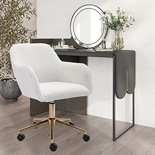 Yoluckea Modern Teddy Home Office Chair, Adjustable Swivel Office Chair for Living Room, Cute Desk Chair for Teen, Upholstered Task Chair Accent Chair Executive Chair Vanity Desk Chair (White)