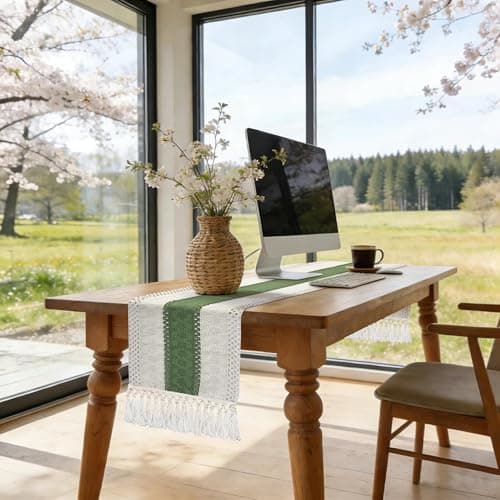 yuboo Sage Green Spring Table Runner 48 Inches Long, Boho Macrame Table Runner, Dresser Runner Cover Top for Kitchen, Coffee Table, Desk Runner, St Patricks Day Table Decor