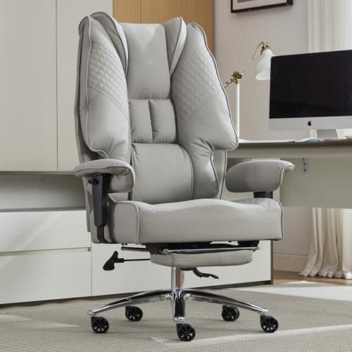 EXCEBET Big and Tall Office Chair 400lbs Wide Seat, Leather High Back Executive Office Chair with Foot Rest, Ergonomic Chairs Lumbar Support for Lower Back Pain Relief (Light Grey)