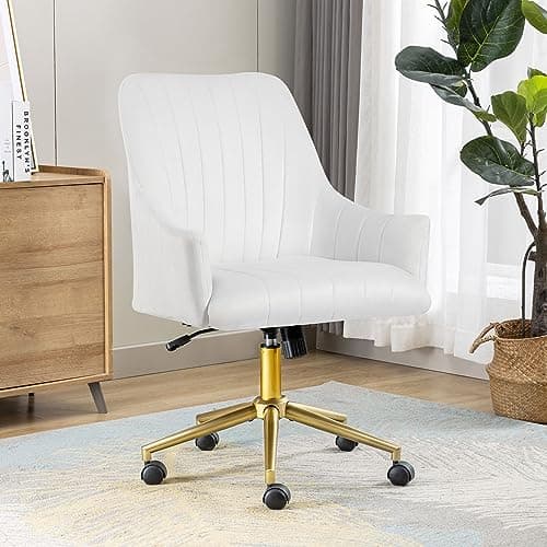 Desk Chair for Home Office Velvet Modern Accent Chair Upholstered Tufted Office Chair with Gold Base Swivel Wheels and Adjustable Height Armchair Study Work Stool White Vanity Chair for Women, Girls