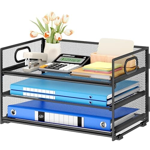 Subekyu 3 Tier Paper Letter Tray Organizer for Desk, Black Metal Mesh Desk File Folder Sorter Organizer with Handle and Sliding Tray for Home, Office, School Supplies Organization Storage
