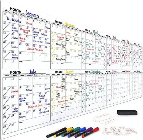 Extra Large 100"x36" Dry Erase Monthly Planner – 12-Month Whiteboard Calendar Includes 6 white Board Markers Eraser Push Pins & Mounting Tape