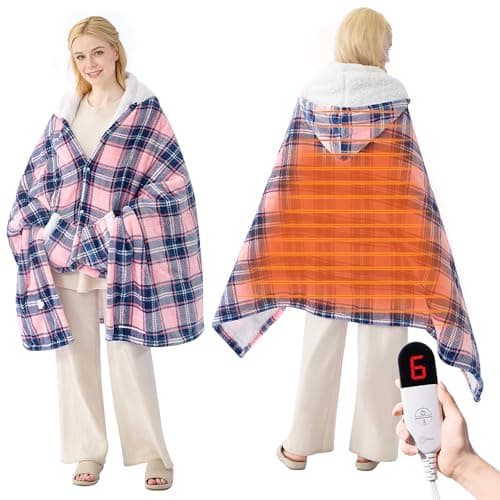 PTQ Electric Blanket Wearable Heated Shawl with Hood & Pockets – 6 Heat Settings, 4H Auto-Off, Flannel & Sherpa Reversible, Cozy Plaid Heated Throw Blanket for Home, Couch, or Gift, 40"x70", Pink