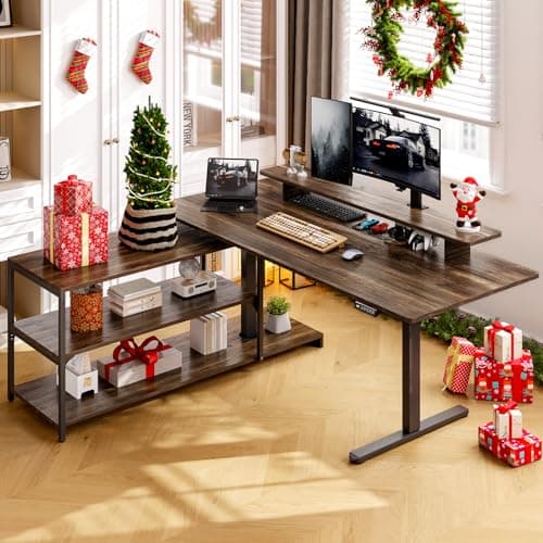 ONBRILL L Shaped Standing Desk with File Cabinet, 63x24'' Electric Stand Up Desk with Monitor and Storage Shelf, Adjustable Height 28-46'' for Home and Computer Workstation, Walnut