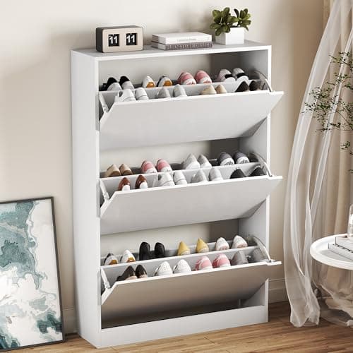 BORNOON Shoe Cabinet with 3 Flip Drawers, Hidden Wood Shoe Cabinet,Freestanding Shoe Storage Cabinet for Entryway Hallway.White. 47.2" H*31.5" W*9.45" D.