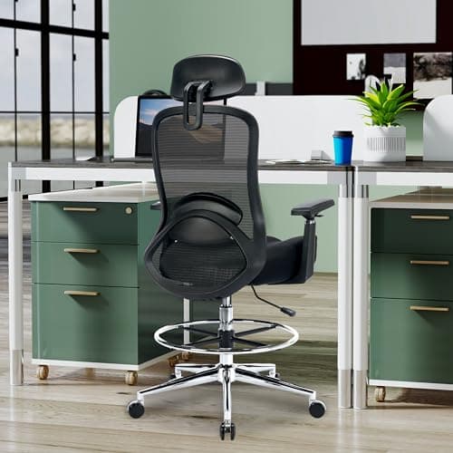 500LBS Drafting Chair, High Back Ergonomic Tall Office Chair, Executive Standing Desk Chair with W-Shape Thicken Cushion, Lumbar Support & Foot Ring, Comfy Gaming Chair for Counter Height Desk, Black