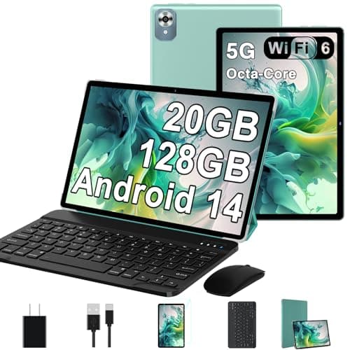 2025 Android 14 Tablet with Keyboard 20GB+128GB+1TB Expand, 10.1 Inch Octa-Core 2-in-1 Tablets with HD IPS Display, 5G WiFi 6, 6000mAh Battery, BT5.0, Split Screen, Widevine L1, Mouse, Case -Green