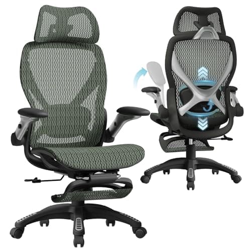 ELABEST X100 Ergonomic Mesh Office Chair with Footrest, Big and Tall Hone Desk Chair with 5D Flip-Up Arms, Adjustable 3D Lumbar Support,Gaming & Executive Computer Chairs for Long Hours (Dusty Sage)