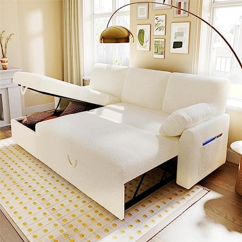AMERLIFE Sofa Bed, Sleeper Sofa- 2 in 1 Pull Out Couch Bed with Storage Chaise for Living Room, Sofa Sleeper with Pull Out Bed, White Boucle Couch