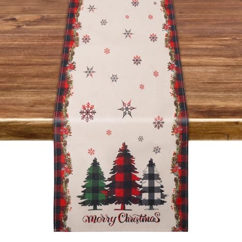 KENOBE Red Pine Trees Christmas Table Runner, Seasonal Winter Holiday Kitchen Dining Table Decoration Snowman Merry Xmas Table Runner for Indoor Outdoor Home Party Decor 13 x 72 inch
