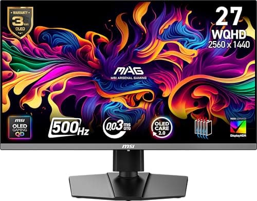 msi MAG 272QP QD-OLED X50 26.5-inch 2560 x 1440 (WQHD) Gaming Monitor, 500Hz, AMD Adaptive-Sync, HDR Ready, HDMI, VGA Port, VESA Mountable, Tilt, 4-Side Slim Bezel, 0.03ms, Black