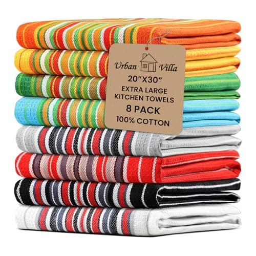 Urban Villa Kitchen Towels 100% Cotton Dish Towels for Kitchen(Set of 8)20”x30” Dish Cloths Highly Absorbent Kitchen Linen Set with Hanging Loop Perfect for Drying Dishes Cleaning Towels -Multicolor