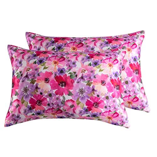 Satin Pillowcase for Hair and Skin, Queen Size Printed Pillow Cases Set of 2, Silky Floral Print Pillow Covers with Envelope Closure, 20x30 inches