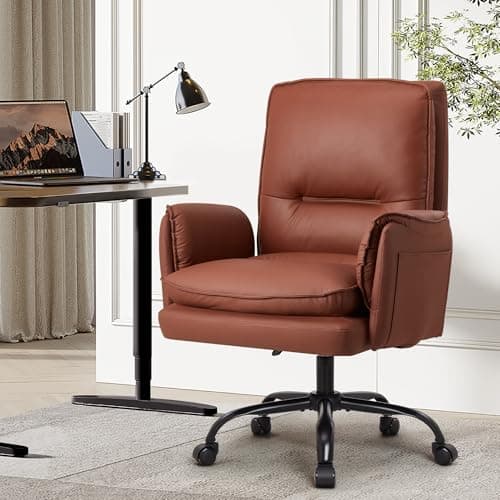 IWMH Comfy Home Office Desk Chairs, Upholstered PU Leather Office Chair for Women with Sofa Armrests, Modern Adjustable Backrest Angle and Height Swivel Computer Seat for Living Room (Brown)