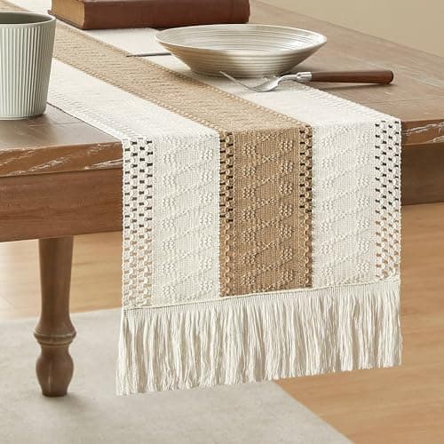 ZeeMart Macrame Style Bicolor Stitching Table Runner, 12 x 72 Inch Brown/Ivory, Boho Neutral Table Runners 72 Inches Long, Farmhouse Woven Home Decor