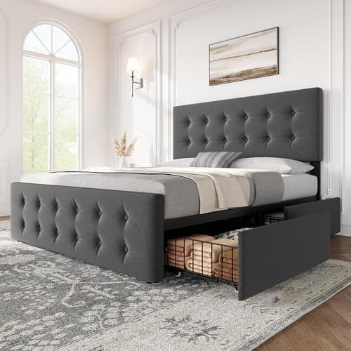 IDEALHOUSE Full Size Bed Frame with 4 Storage Drawers and Adjustable Headboard, Upholstered Mattress Foundation with Skin-Frienly Linen, No Box Spring Needed, Dark Grey (Full)