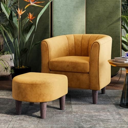 LINSY Accent Chair with Ottoman, Modern Barrel Chair Small Armchair Reading Chair with Footrest, Comfy Round Arms Chair for Living Room Bedroom Reading Room, Velvet, Yellow