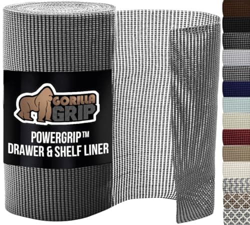 GORILLA GRIP powerGRIP Drawer Shelf and Cabinet Liner, Thick Strong Hold, Non-Adhesive Liners Protect Kitchen Cabinets and Cupboard, Bathroom Drawers, Easy Install, Breathable Mat, 12" x20', Gray