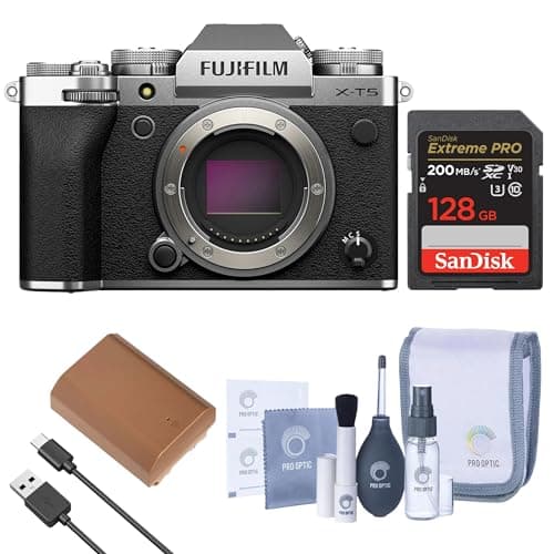 X-T5 Mirrorless Camera, Silver Bundle with 128GB SD Card, Extra Battery, Complete Cleaning Kit, Fujifilm 1-Year Limited Warranty, Silver
