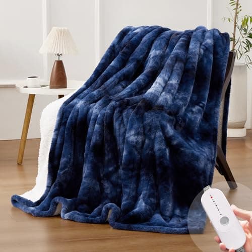 HYLEORY Faux Fur Heated Throw BlanketElectric - Soft Thick Flannel Heating Blanket with 5 Heat Levels & Auto-Off 3 Hrs, Heavy Fluffy Warm Bed Blankets for Winter, 50''x60'', Navy