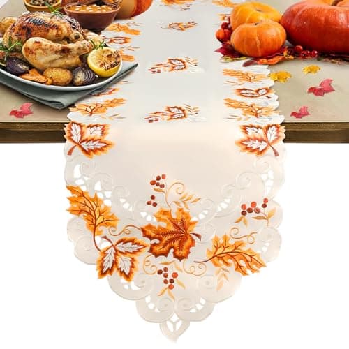 Thanksgiving Maple Leaves Autumn Table Runner - Embroidered, Ideal for Fall Centerpieces, Thanks/Christmas Dining, Entry/Coffee Table