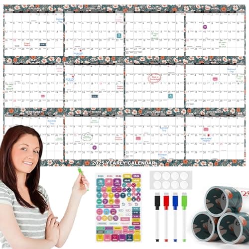 32" x 48" 2025 Wall Calendar - Rolled Packing - 12 Month Yearly Planner - Wet & Dry Erase Monthly Erasable Calendar January to December Vertical/Horizontal, Erasable & Reusable