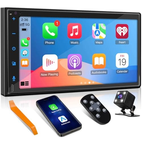Double-Din Wireless CarPlay Stereo Receiver: Bluetooth Android Auto Car Radio - 7 Inch IPS Touchscreen Phone Mirroring Type-C Charge AM FM HD Backup Camera 4-Channel Audio Output 2 Subwoofer Ports