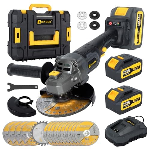 JEXUGK 5" Cordless Angle Grinder Kit, Brushless Battery Grinder with 2x6.0Ah Batteries & Charger,125MM 10000 RPM Variable Speed Amoladora Angular,Esmeriladora for DIY Metal Cutting,Grinding,Polishing