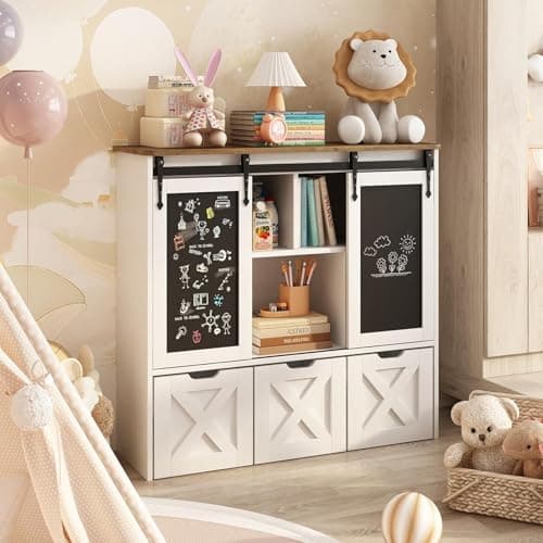 Vabches Toy Storage Organizer with Sliding Chalkboard, Kids Bookshelf and Bookcase with 3 Movable Drawers & 5 Storage Cubbies, Multifunctional Storage Cabinet Toy Chest for Playroom,Nursery, Kids Room