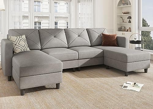 HONBAY U Shaped Sectional Couch With Double Chaise - 4 Seat Convertible Sofa for Living Room, Light Grey