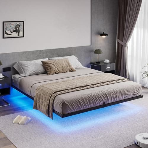 Hasuit Floating Bed Frame California King Size with LED Lights, Metal Cal King Platform Bed, No Box Spring Needed, Easy to Assemble (California King)