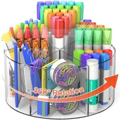 Mefirt Acrylic Pen Holder, 360 Degree Rotating Pen Organizer, Rotating Desk Acrylic Office Organizer with 6 Compartments, Marker Organizer for Kid, Crayon Caddy School Art Supply Storage Organizer