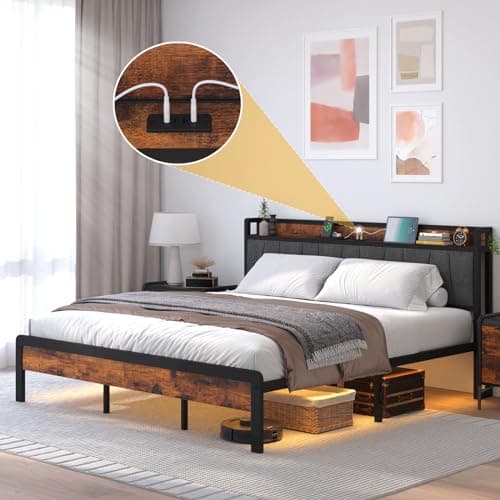 MOKA King Bed Frame, Storage Headboard with Fast Charging Station, 3 Modes of Sensor Light for Night, Solid and Stable, Noise Free, No Box Spring Needed, Easy Assembly