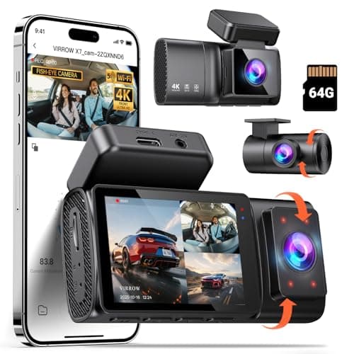 3 Channel Dash Cam: 4K+1080P+1080P-Dash Cam Front and Rear Inside with Free 64GB Card & 5GHz WiFi - Dash Camera for Cars with IR Night Vision APP Control Parking Mode G-Sensor Loop Recording(X7)