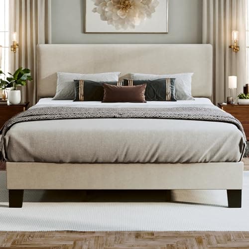 Fluest King Bed Frame Upholstered Bed Frame Platform with Adjustable Headboard Linen Fabric Headboard Wooden Slats Support/No Box Spring Needed/Easy Assembly/Mattress Foundation, Beige