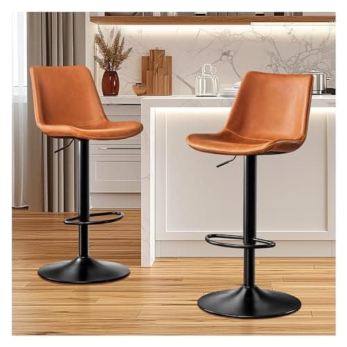 STOOLINK Vintage Bar Stool Height Adjustable Crazy Horse Leather Bar Chair X-Large Base and Seat Bar Stools, Ergonomic Bistro Stool with Footrest for Kitchen Dining Bistro Pubx Set of 2 Whisky Brown