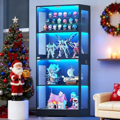 Ceruvia Tempered Glass Display Cabinet 5.5 FT with 3CCT Motion Sensor Light, 4-Tier Curio Case for Collectibles, Storage Woode Shelf with Glass Doors, Bookcase, Showcase, Black