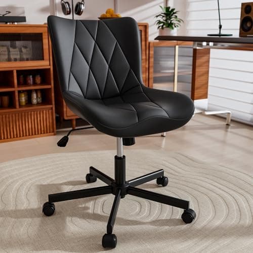 JULYMON Armless Desk Chair, Morden Home Office Chair no Arms, Adjustable Height & Rocking Computer Chair, PU Leather Vanity Chair, Ergonomic Seat Soft Padded Desk Chairs for Home Small Space, Black