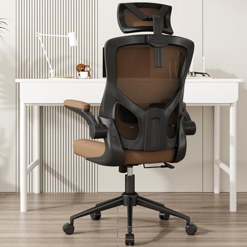 CYKOV Home Office Chair, Ergonomic Comfy Desk Chair, High Back Computer Chair- Adjustable Headrest with Flip-Up Arms, Lumbar Support, Swivel Executive Task Chair (Mummy Brown, Modern)