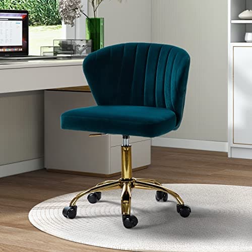 TINA'S HOME Office Desk Chairs with Wheels & Gold Base, Modern Velvet Cute Armless Office Chair, Adjustable Low Back Swivel Rolling Chair, Upholstered Task Chair for Living Room Vanity Study-Teal