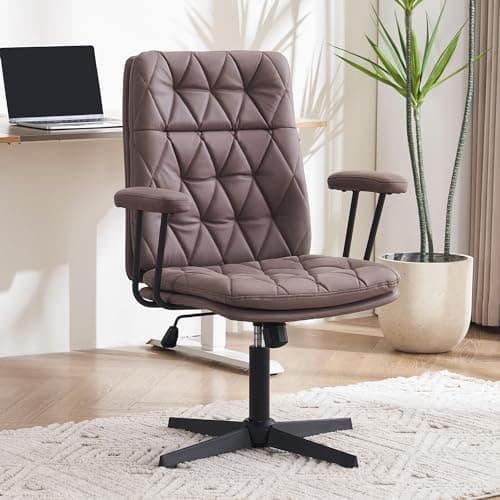 EYYTHUNG Criss Cross Chair with Arms Home Office Desk Chair No Wheels Adjustable Thick Cushioned Swivel Accent Makeup Chair Brown