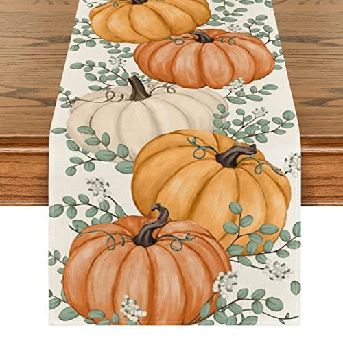 Artoid Mode Orange Pumpkins Eucalyptus Leaves Fall Table Runner, Autumn Thanksgiving Kitchen Dining Table Decoration for Home Party Decor 13x36 Inch