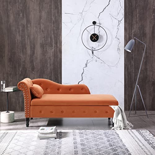 HomSof Velvet Chaise Lounge with Storage, Buttons Tufted Lounge Chair Indoor, Orange Reclining Chair Solid Wood Legs with 1 Pillow
